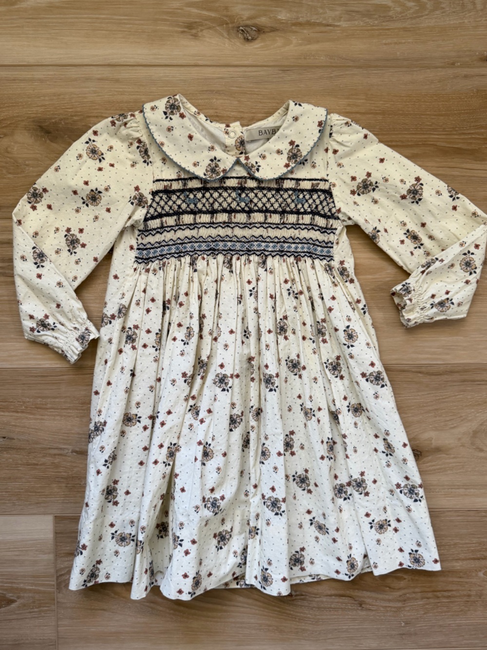 BAYBEE Cream Floral Smocked Long-Sleeve Kids Dress